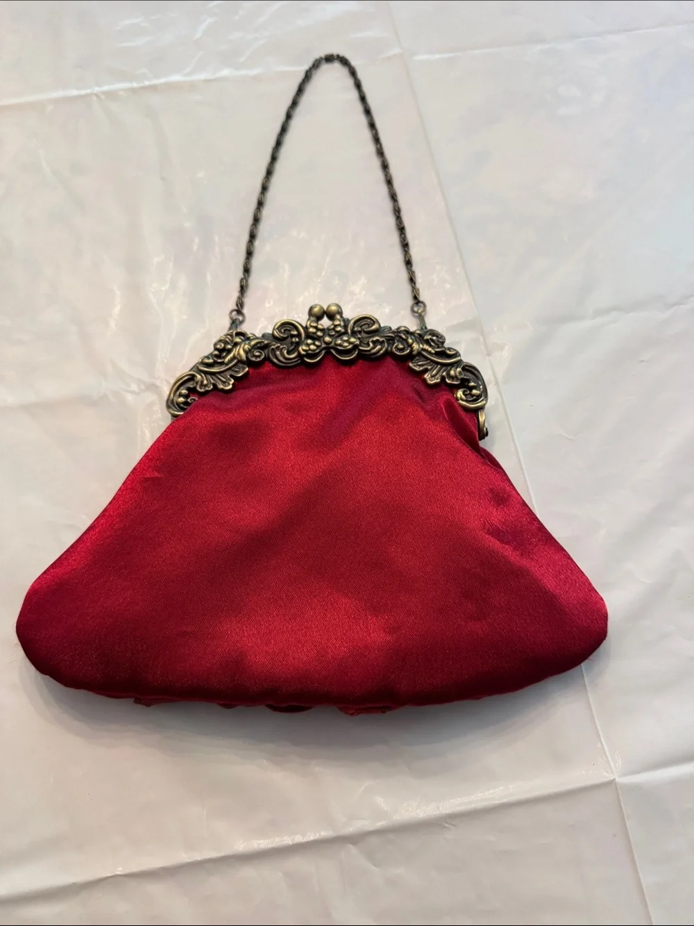 Red Satin Ruffle Evening Clutch with Ornate Frame